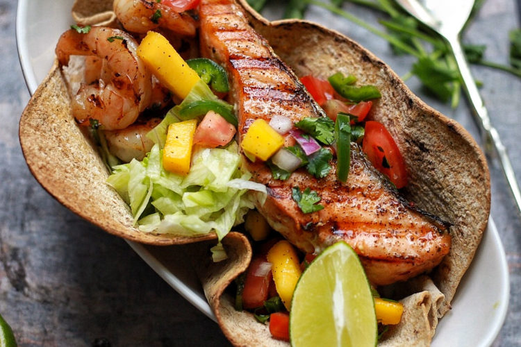 Salmon shrimp taco boats