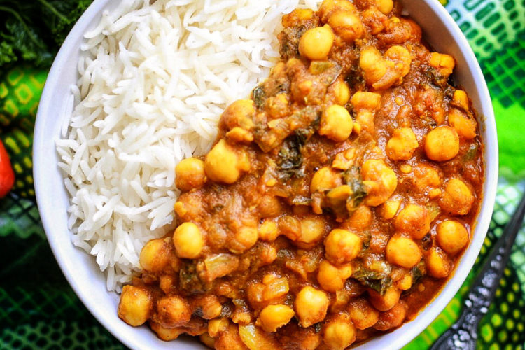 Spicy Caribbean chickpea curry served with basmati rice