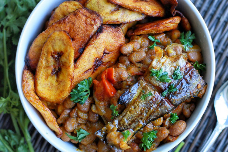 Pinto Beans cooked with a palm oil based trout sauce