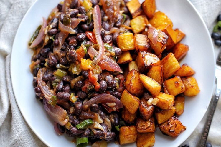Stewed black beans and plantains