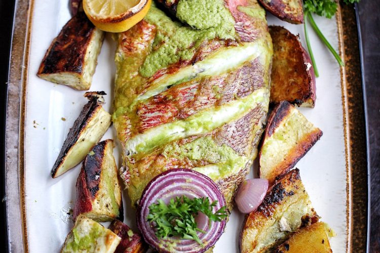 Baked whole red snapper